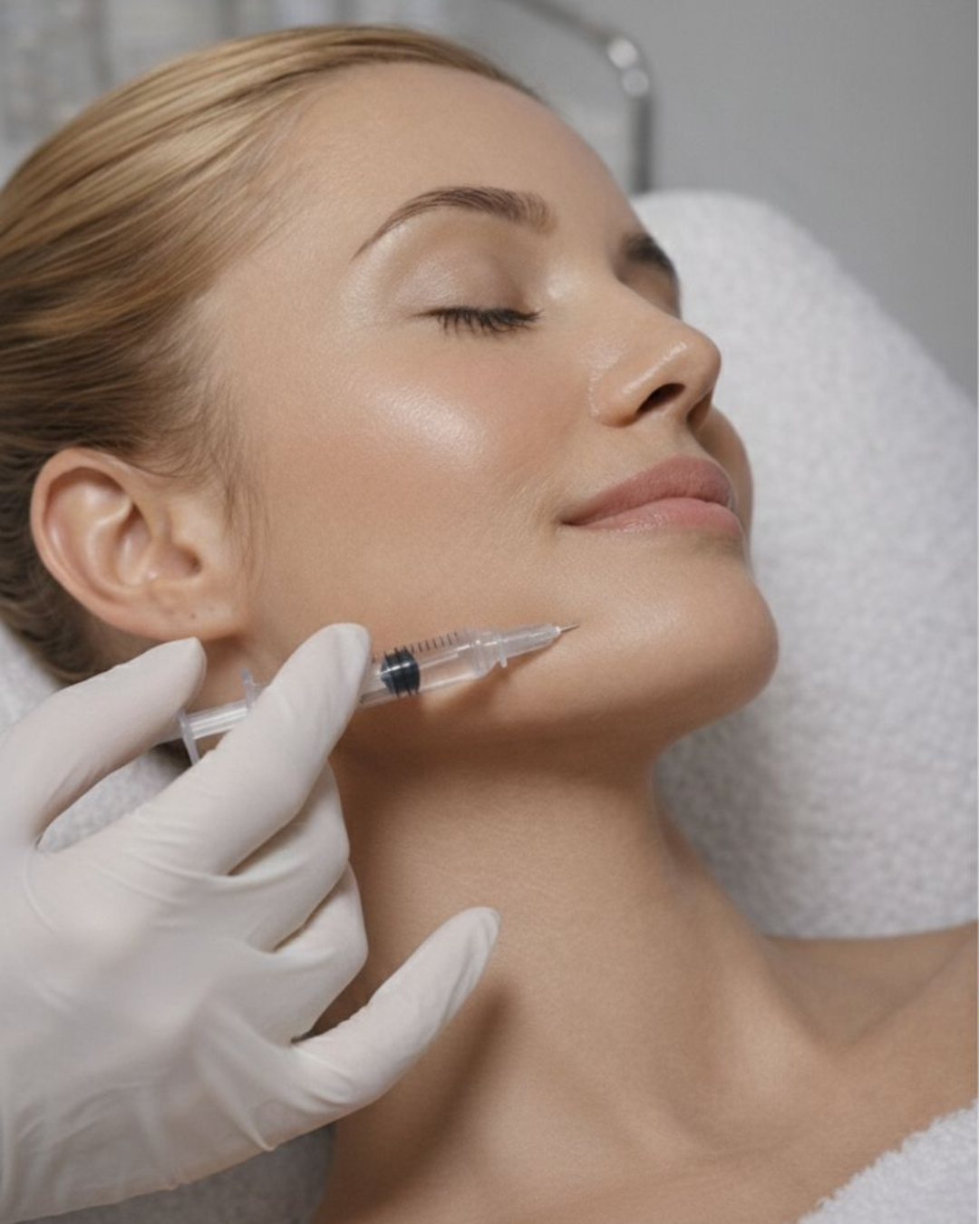 Woman receiving facial injection treatment, illustrating post-cosmetic procedure skincare and sleep care