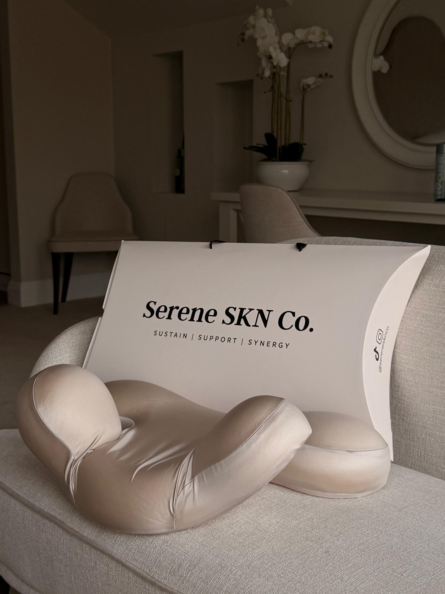 Serene SKN Co. anti-wrinkle memory foam sleep pillow with branded packaging
