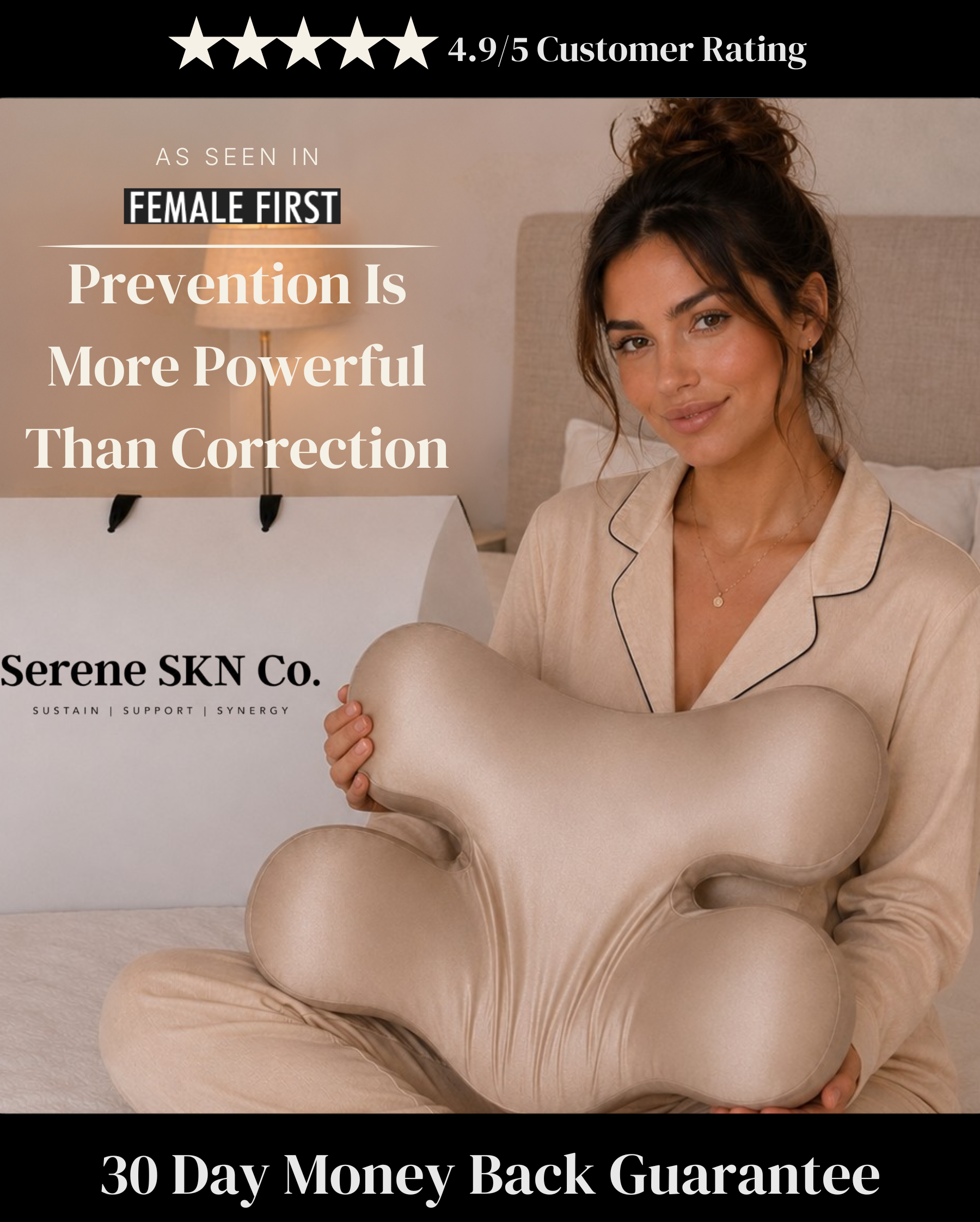 Serene SKN Co, woman holding beauty pillow on bed with '4.9/5 Customer Rating', 'Featured in Female First', 'Prevention is more powerful than correction' headline, and '30 Day Money Back Guarantee'. Serene SKN Co branding with SUSTAIN SUPPORT SYNERGY tagline visible.