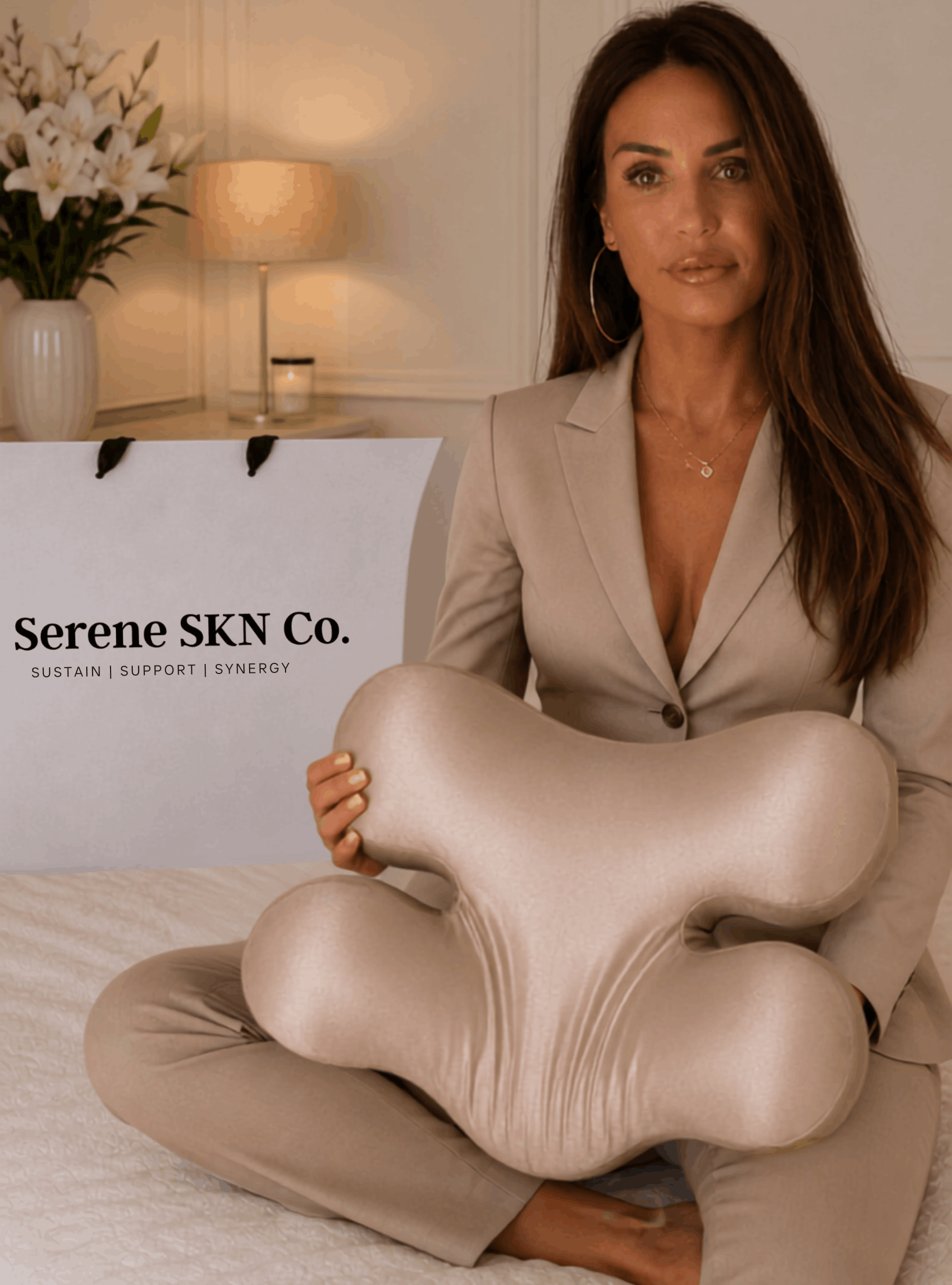 Holly, founder of Serene SKN Co, holding the anti-wrinkle ergonomic sleep pillow in a luxury bedroom setting
