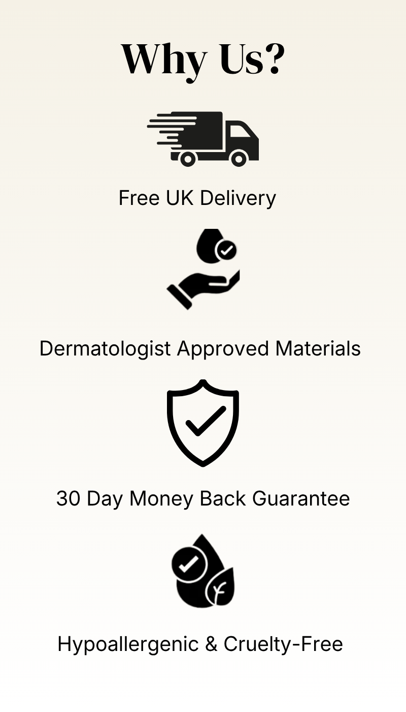 Serene SKN Co trust badges showing hypoallergenic and cruelty-free, dermatologist approved materials, 30 day money back guarantee, and free UK delivery