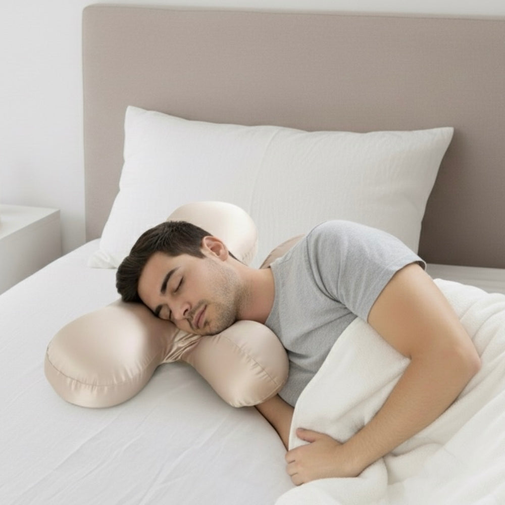Man sleeping on Serene SKN Co anti-wrinkle ergonomic sleep pillow in beige, side sleeping position demonstrating skin protection