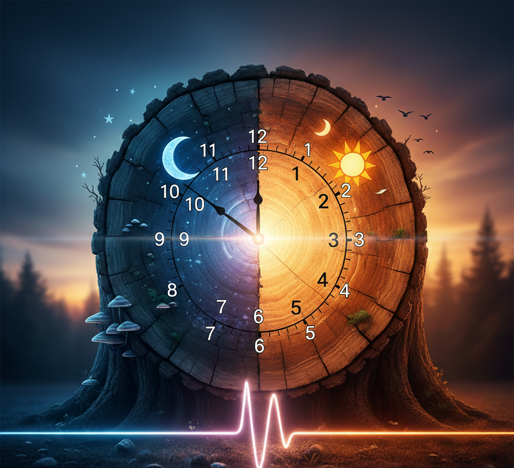 Day and night clock illustration representing circadian rhythm and the sleep-wake cycle