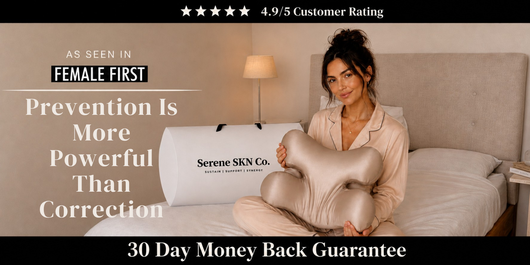 Serene SKN Co, woman holding beauty pillow on bed with '4.9/5 Customer Rating', 'Featured in Female First', 'Prevention is more powerful than correction' headline, and '30 Day Money Back Guarantee'. Serene SKN Co branding with SUSTAIN SUPPORT SYNERGY tagline visible.