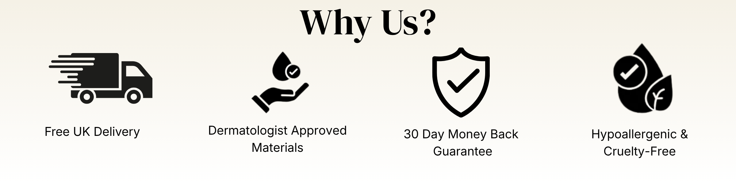 Serene SKN Co trust badges showing hypoallergenic and cruelty-free, dermatologist approved materials, 30 day money back guarantee, and free UK delivery