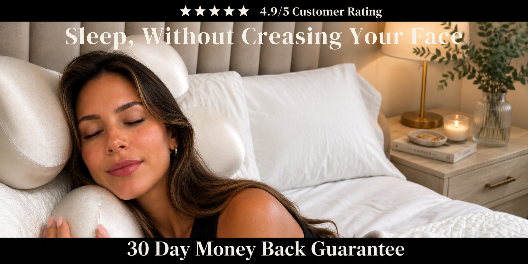 Woman sleeping peacefully on a beauty pillow with customer rating and a 30-day money-back guarantee.