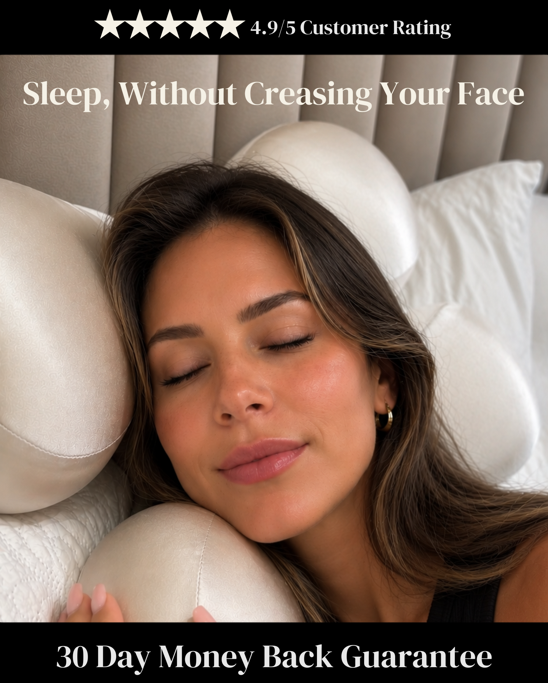 Woman sleeping peacefully on a beauty pillow with customer rating and a 30-day money-back guarantee.